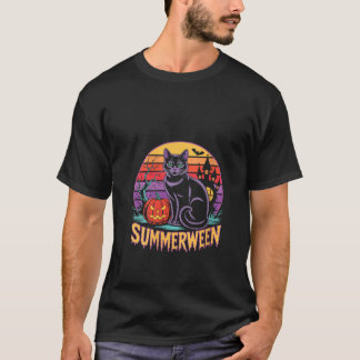 Dames Retro Zwarte Kat Griezelig Cute Kunst Summer T-shirt
