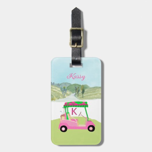 Dames Roze Waterverf Winkelwagen Monogram Naam Bagagelabel (Voorkant verticaal)