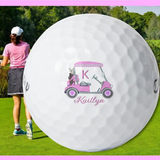 Dames Roze Waterverf Winkelwagen Monogram Naam Golfballen
