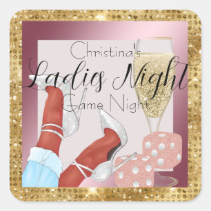 Dames Spelavond Roze Dobbelstenen & Gouden Diamant Vierkante Sticker