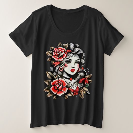 Dames T-shirt met rozen in plusmaten (Design voorkant)