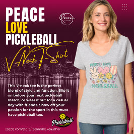 Dames T-shirt met V-hals 'Peace Love Pickleball'