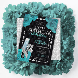 Dames turquoise en zilver verjaardag kaart