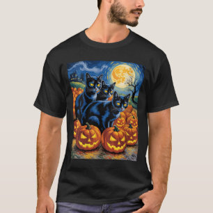 Dames Van Gogh Stijl Zwarte Katten Halloween Pompo T-shirt