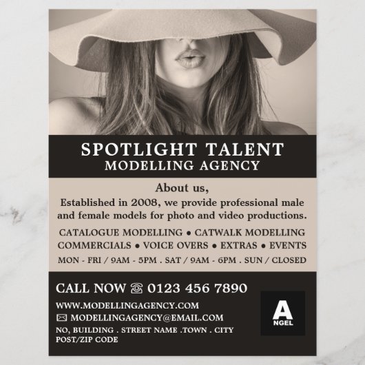 Dameshoedenmodel, modellenbureau, modelagent flyer (Voorkant)
