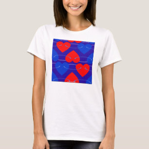 DAMESMODE - RODE EN BLAUWE HARTEN OP WIT T-SHIRT