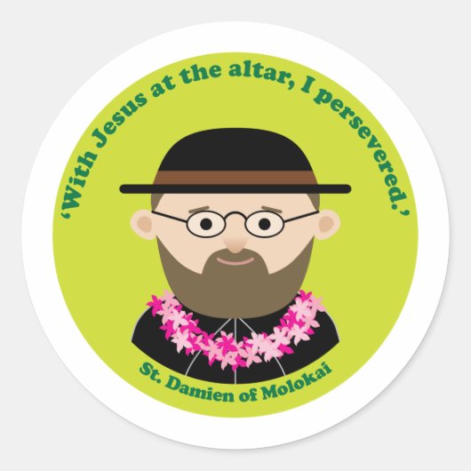 Damien van Molokai Ronde Sticker (Voorkant)
