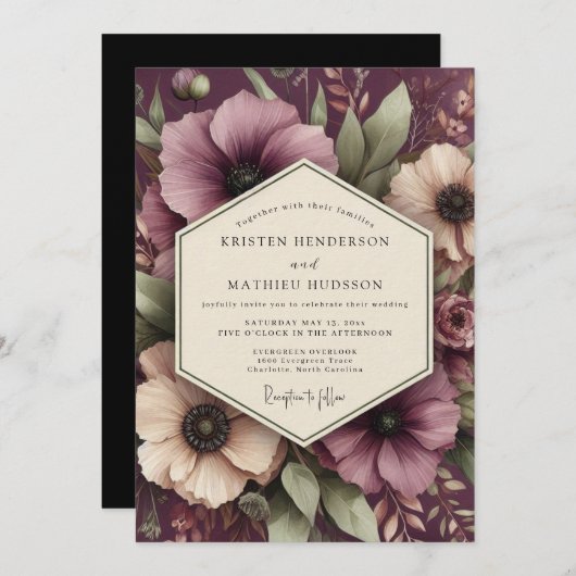 Damson Romantic Bloom Wedding Kaart (Voorkant / Achterkant)