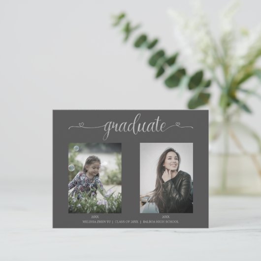 Dan & nu twee Foto's Afstuderen Aankondiging Briefkaart (Staand voorkant)