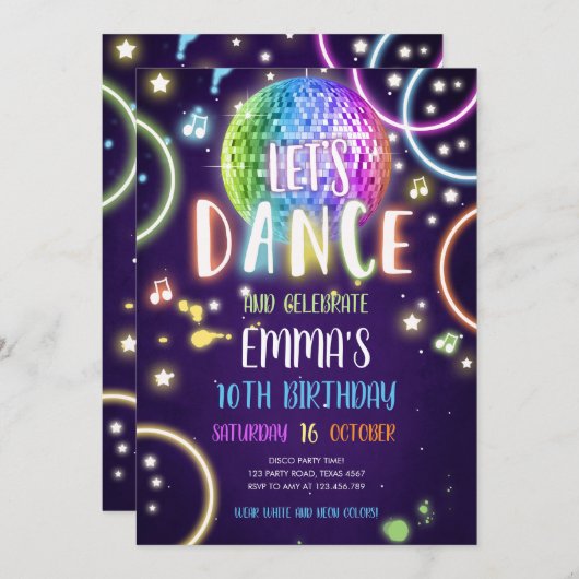 Dance Party Neon Glow Disco Birthday Uitnodiging (Voorkant / Achterkant)