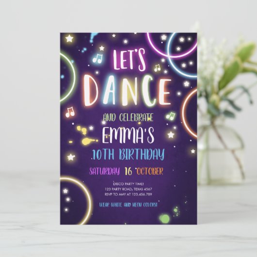 Dance Party Neon Glow Disco Invitation d'anniversa (Debout devant)