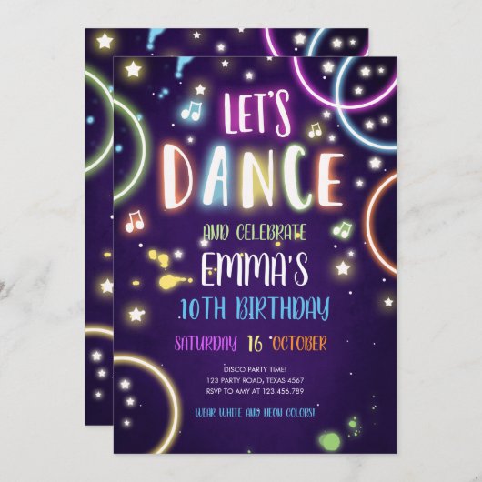 Dance Party Neon Glow Disco Invitation d'anniversa (Devant / Derrière)