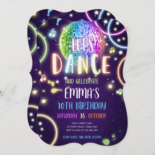 Dance Party Neon Glow Disco Invitation d'anniversa (Devant / Derrière)