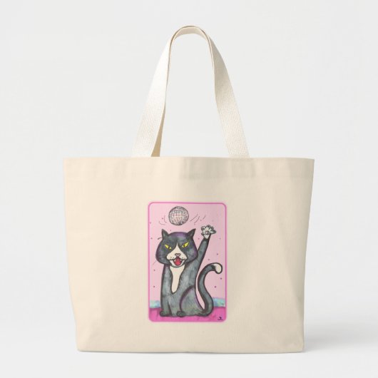 Dancer Disco Ball Cat Cartoon Fun Art Grote Tote Bag (Voorkant)