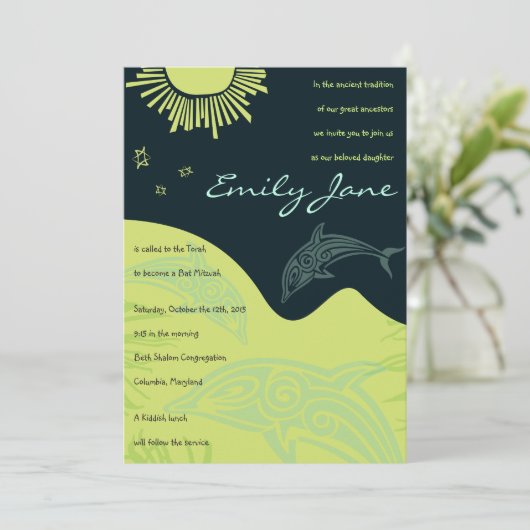 DANCING DOLPHINS Bat Mitzvah Uitnodiging (Staand voorkant)