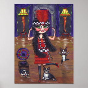 Dancing Flapper Girl Boston Terrier Dog Gramophone Poster