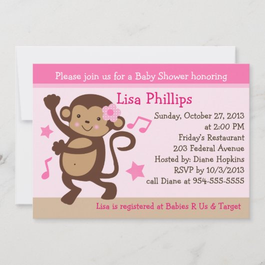 Dancing Girl Monkey Rocker Baby shower Invitation (Devant)