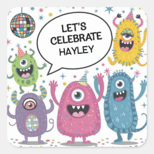 Dancing Monsters Party Kids Verjaardag Ontwerp Vierkante Sticker