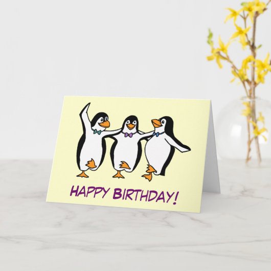 Dancing Penguins Verjaardag Kaart (Gele Bloem)