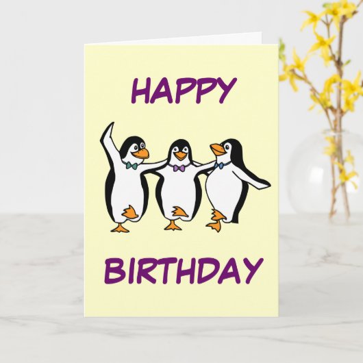 Dancing Penguins Verjaardag Kaart (Gele Bloem)