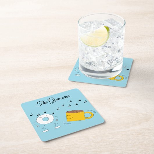 Dancing Poedervormige Donut & Coffee Mok: Vierkante Kartonnen Onderzetter (Insitu)