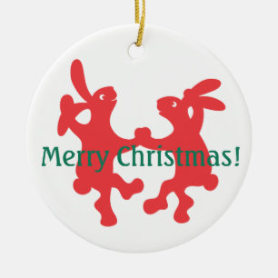 Dancing Red Bunnies Kerstversiering Keramisch Ornament