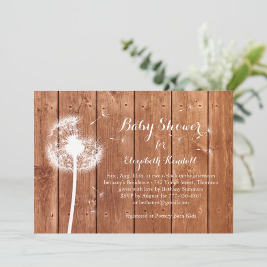 Dandelion Baby shower Uitnodiging - eikenhout (Staand voorkant)