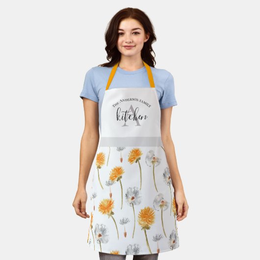 Dandelion floral flower monogram scripttekst schort (Gedragen)