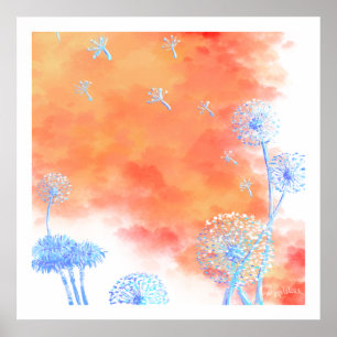 Dandelion klokken tegen koraal oranje wolken canva poster