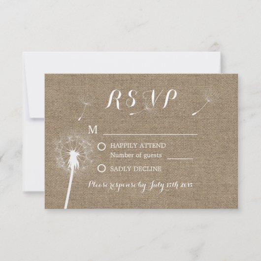 Dandelion rustique soufflant Burlap Wedding RSVP (Devant)