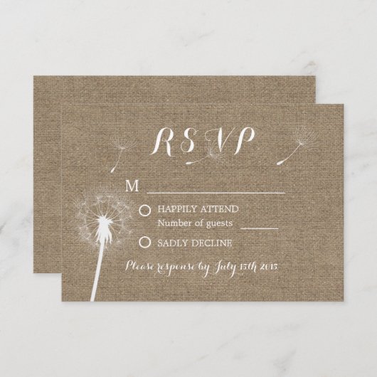 Dandelion rustique soufflant Burlap Wedding RSVP (Devant / Derrière)