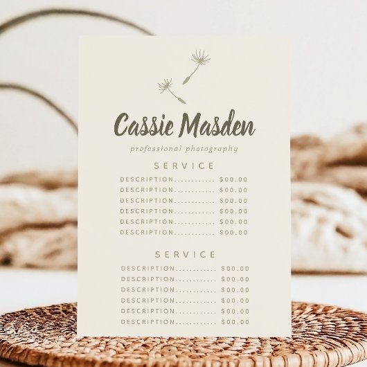 Dandelion Seed Rustic Botanical Service Price Menu