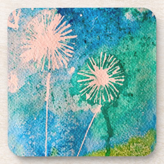 Dandelion waterverf abstract blauw en groen bier onderzetter (Voorkant)