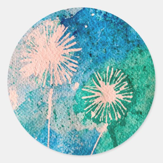 Dandelion waterverf abstract blauw en groen ronde sticker (Voorkant)