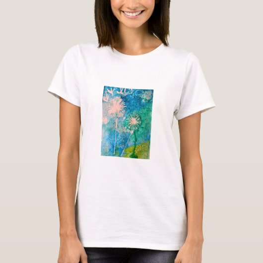 Dandelion waterverf abstract blauw en groen t-shirt (Voorkant)