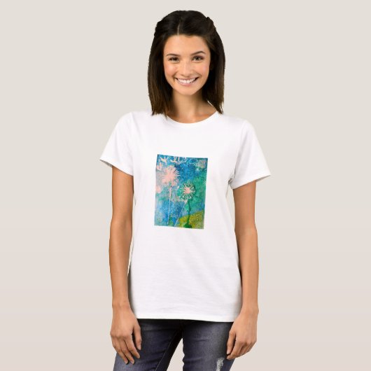 Dandelion waterverf abstract blauw en groen t-shirt (Voorkant volledig)