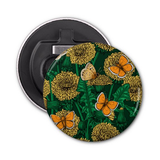 Dandelion-weide op donkergroen button flesopener (Voorkant)