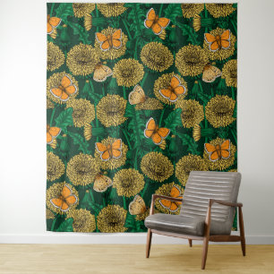 Dandelion-weide op donkergroen wandkleed