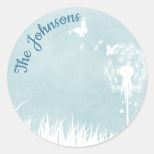 Dandelionen, vlinders en blauwe hemden ronde sticker