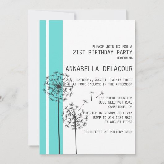 Dandelions bleu moderne Invitation d'anniversaire (Devant)