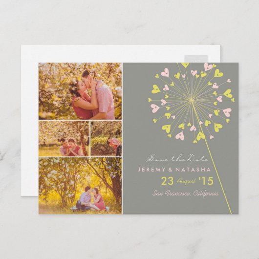 Dandelions Love Heart 4 Multi Photo Save Date Aankondigingskaart (Voorkant / Achterkant)