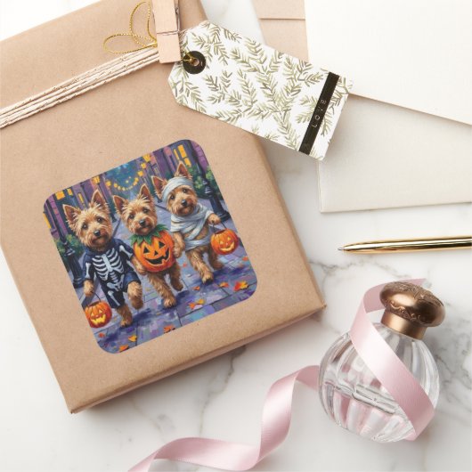 Dandie Dinmont Terrier Trick-or-Treating Halloween Vierkante Sticker (Geschenken)