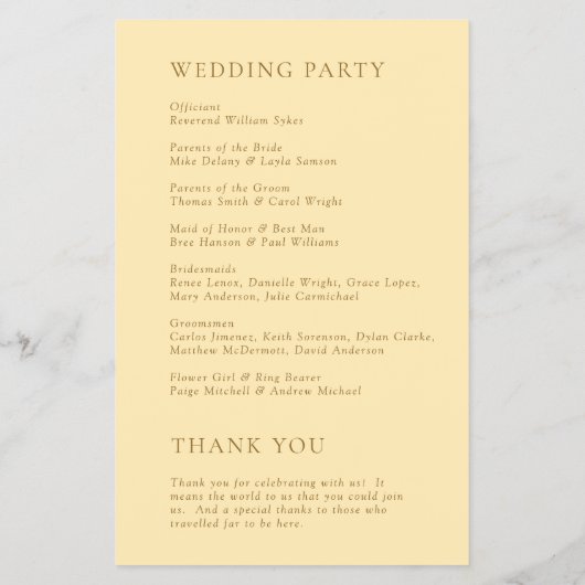 Danice Butter Yellow Modern huwelijksprogramma (Achterkant)