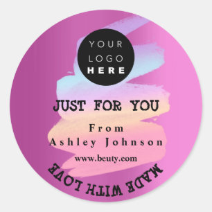 Dank aan Logo gemaakt met liefdesstrokken roze bes Ronde Sticker