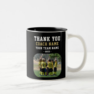 Dank coach met teamnaam foto tweekleurige koffiemok