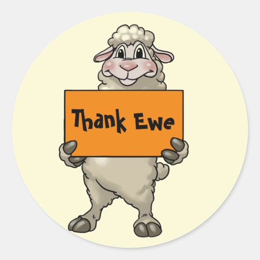 Dank Ewe Funny Cartoon Schaap met Teken Ronde Sticker (Voorkant)