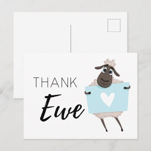 Dank Ewe Schaap Blauw met Hart Dank Je Briefkaart (Voorkant / Achterkant)
