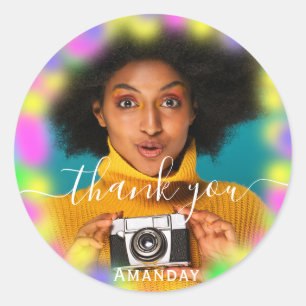 Dank Foto Neon Roze Feest Holografisch Geslaagd Ronde Sticker