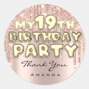Dank je 19e Verjaardagsfeest Glitter Drips Roze Ronde Sticker