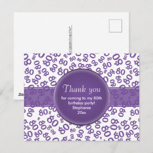 Dank je 80 Paars/Wit Verjaardags Nummer Patroon Briefkaart